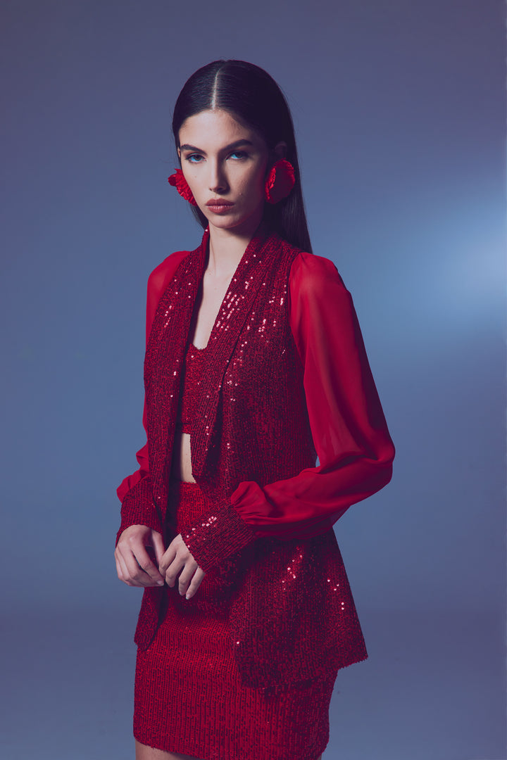 Sateen Veste à paillettes à manches en chiffon - Rouge
