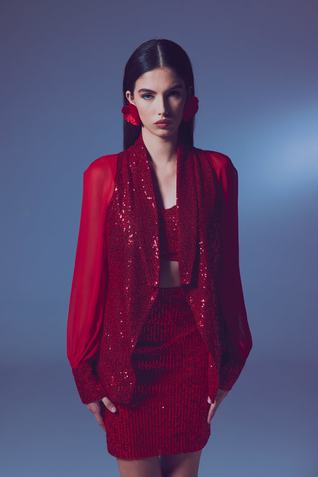 Sateen Veste à paillettes à manches en chiffon - Rouge