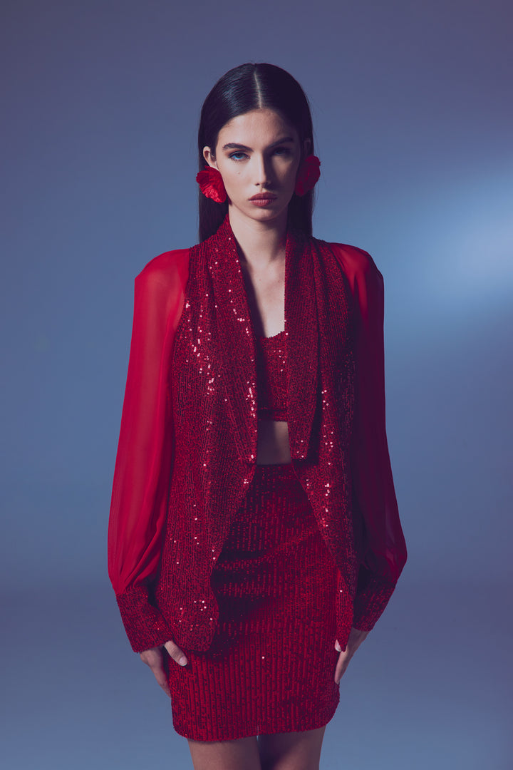 Sateen Veste à paillettes à manches en chiffon - Rouge