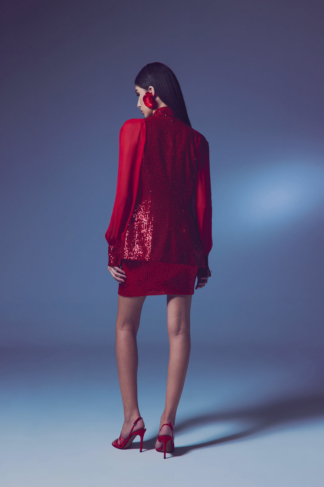 Sateen Veste à paillettes à manches en chiffon - Rouge