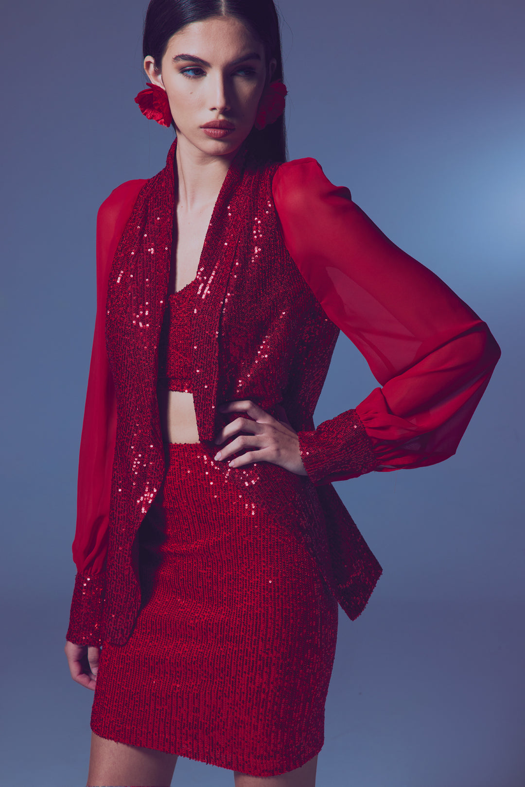 Sateen Veste à paillettes à manches en chiffon - Rouge