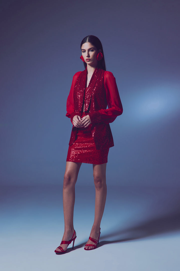 Sateen Veste à paillettes à manches en chiffon - Rouge