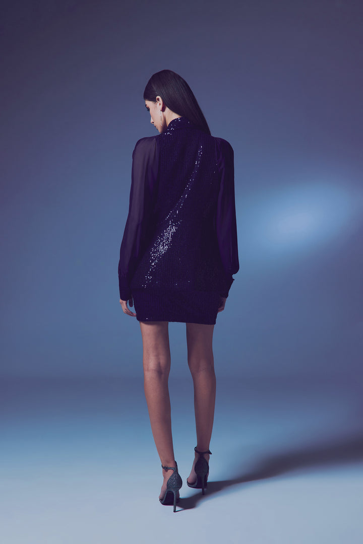 Sateen Veste à paillettes à manches en chiffon - Bleu marine