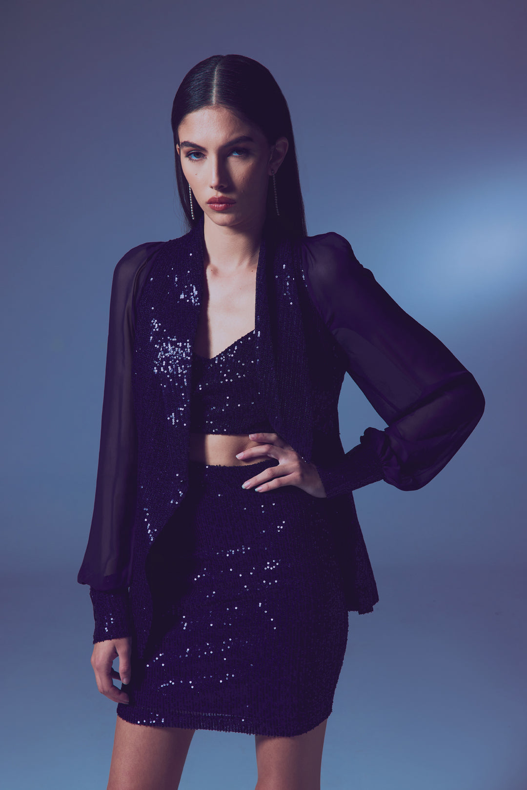 Sateen Veste à paillettes à manches en chiffon - Bleu marine