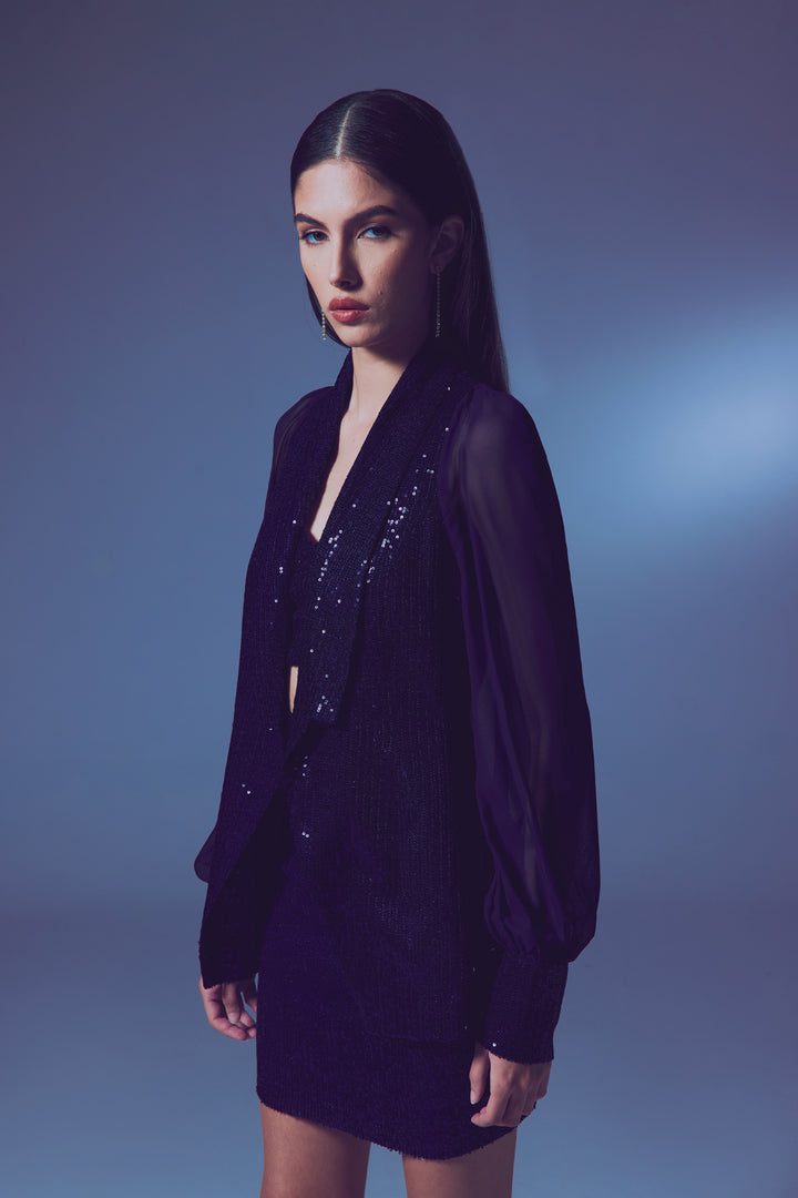 Sateen Veste à paillettes à manches en chiffon - Bleu marine