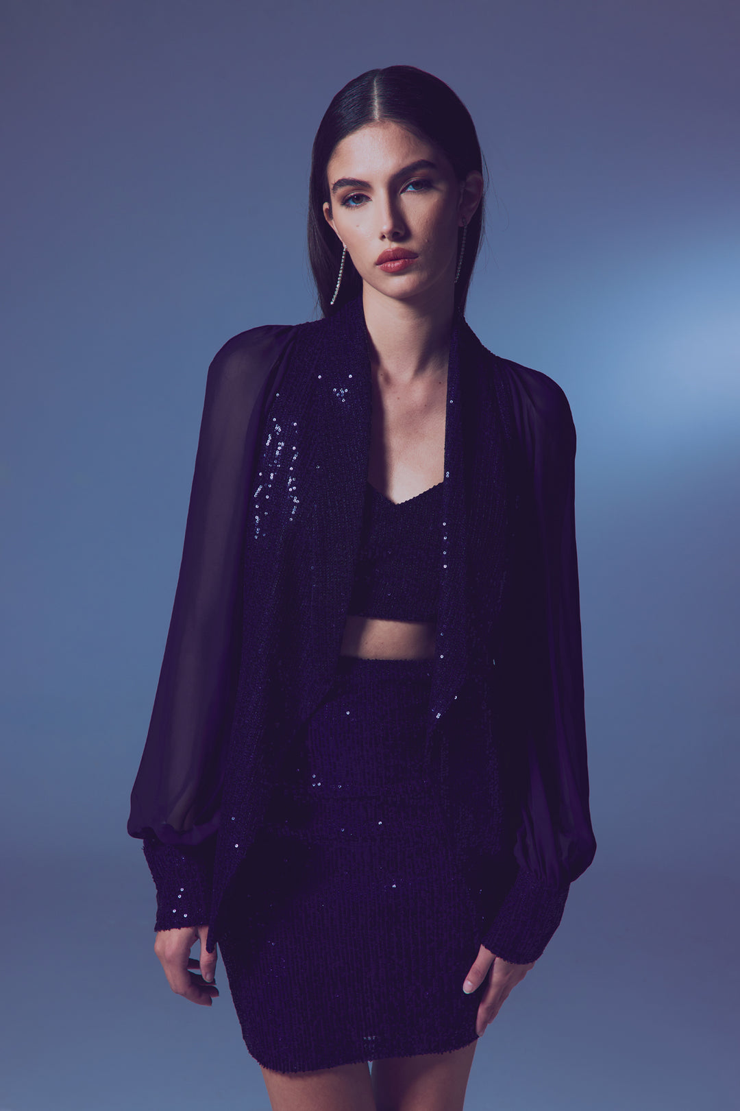 Sateen Veste à paillettes à manches en chiffon - Bleu marine