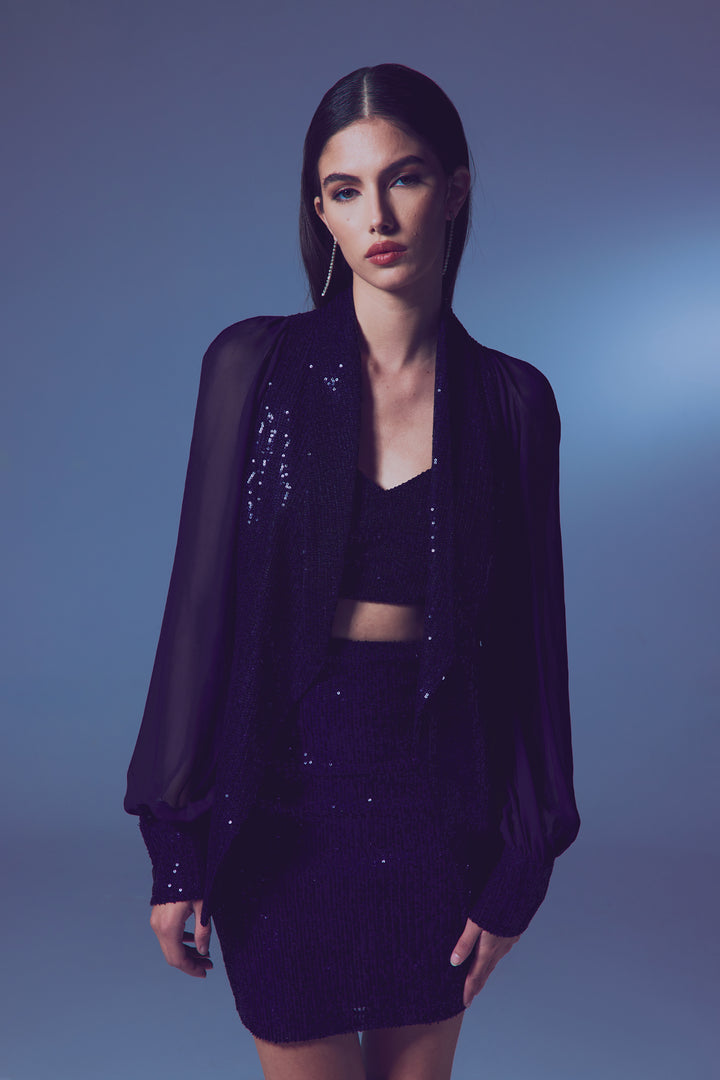 Sateen Veste à paillettes à manches en chiffon - Bleu marine