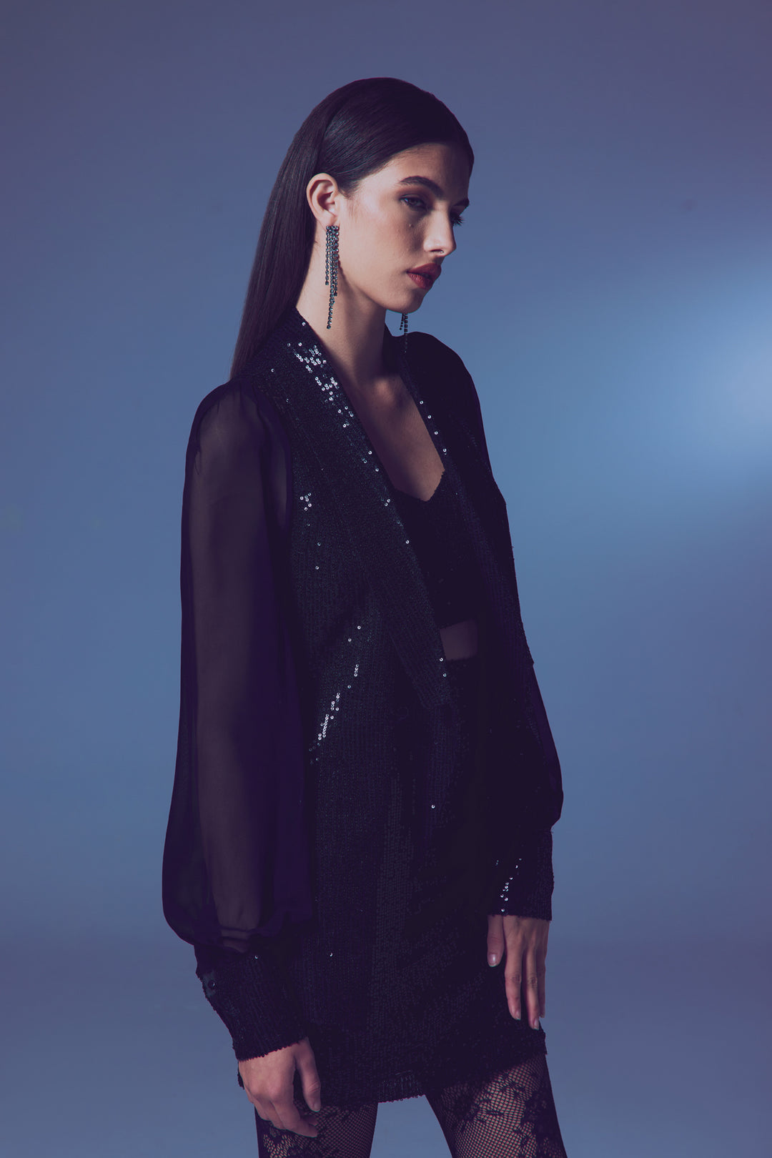 Sateen Veste à paillettes à manches en chiffon - Noir
