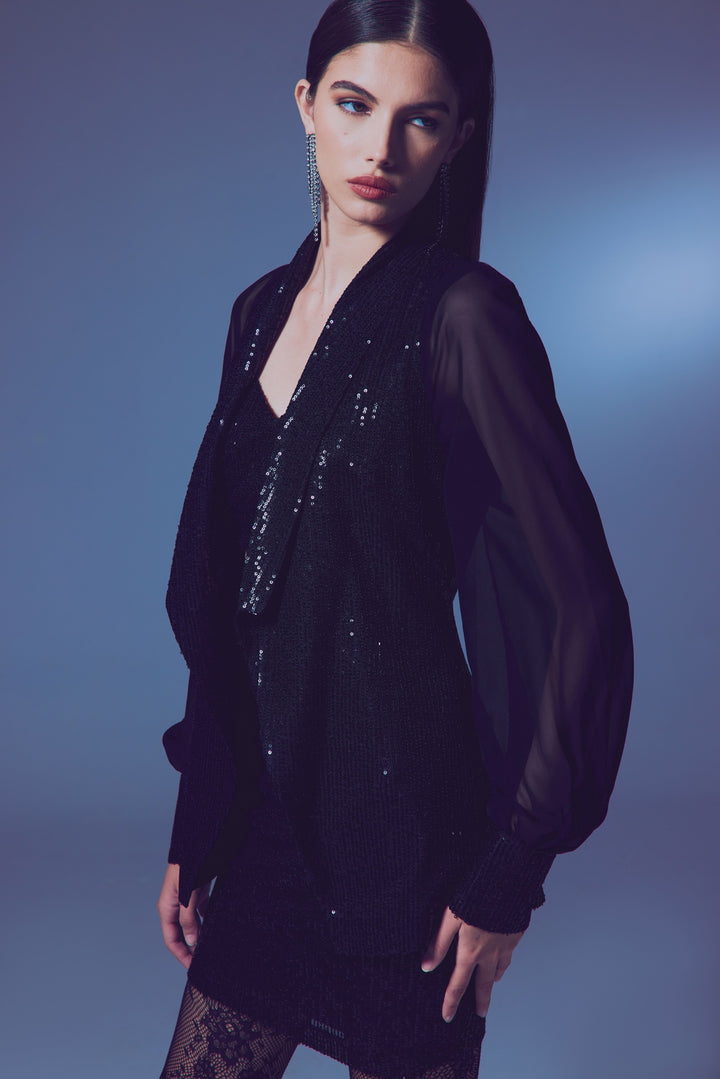 Sateen Veste à paillettes à manches en chiffon - Noir