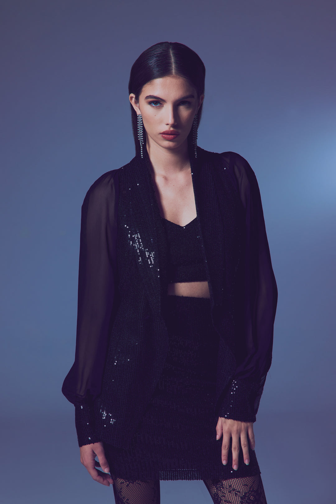 Sateen Veste à paillettes à manches en chiffon - Noir