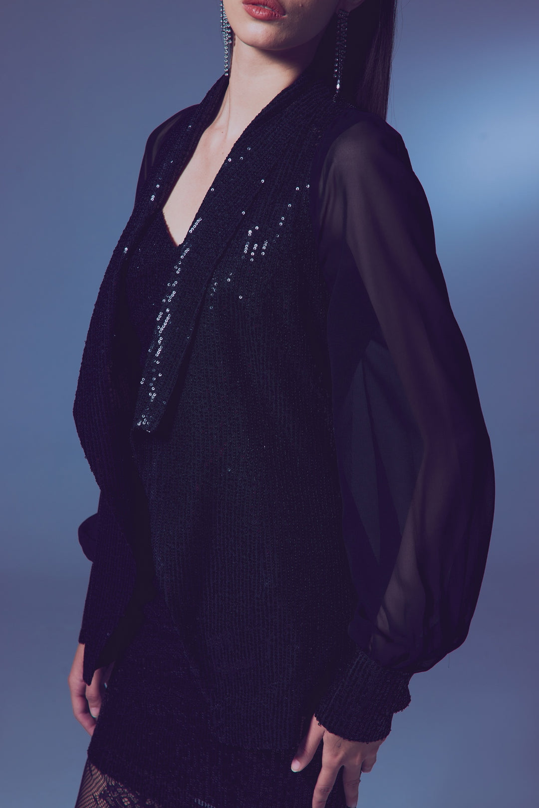 Sateen Veste à paillettes à manches en chiffon - Noir