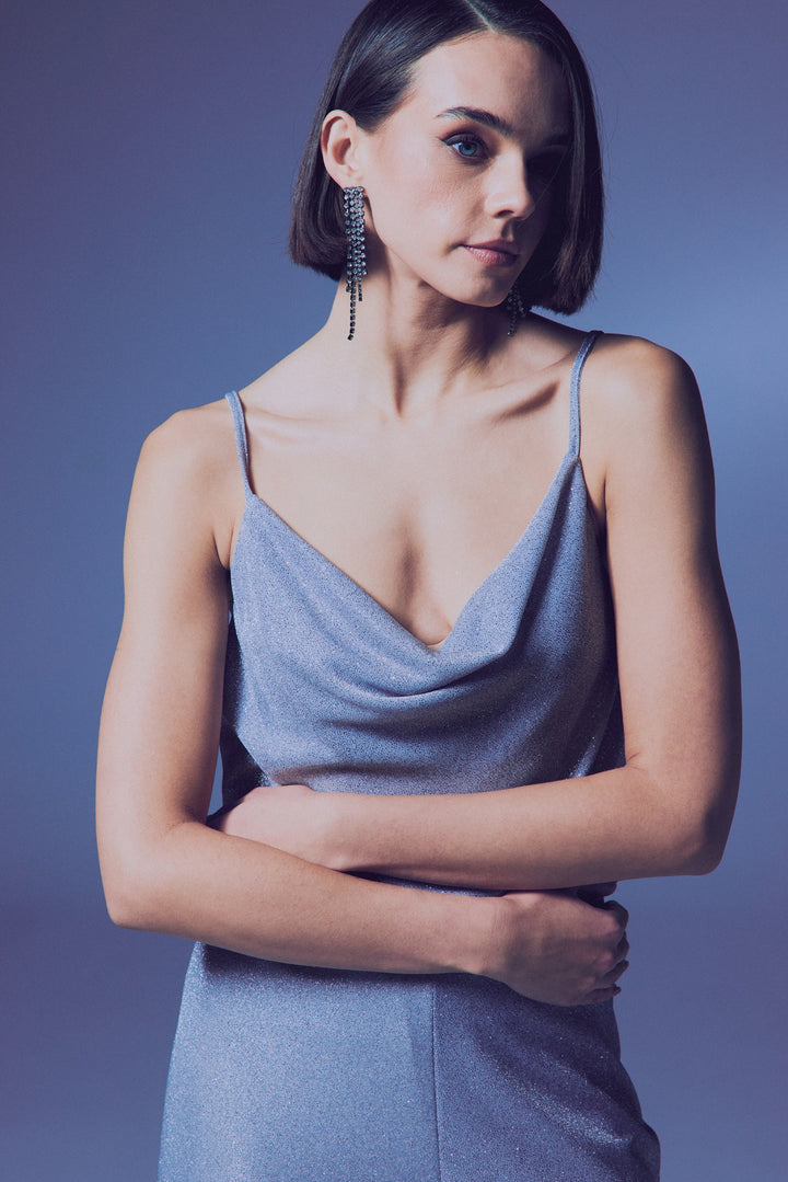Sateen Blouse col dégagé pailletée - Argent