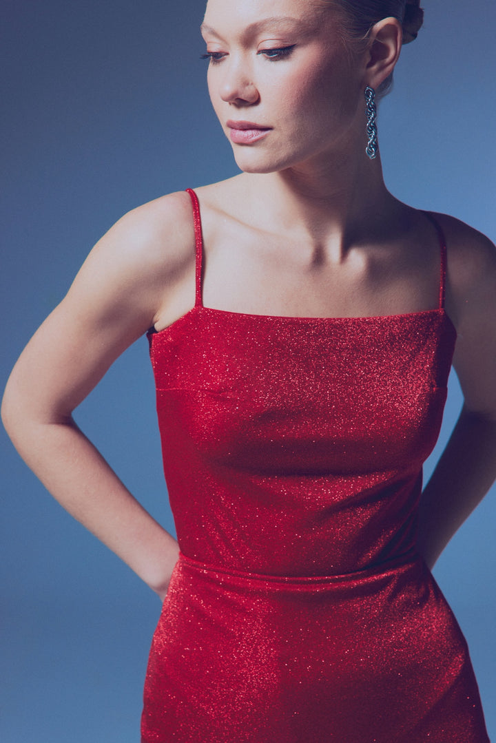Sateen Body à bretelles en fil scintillant - Rouge