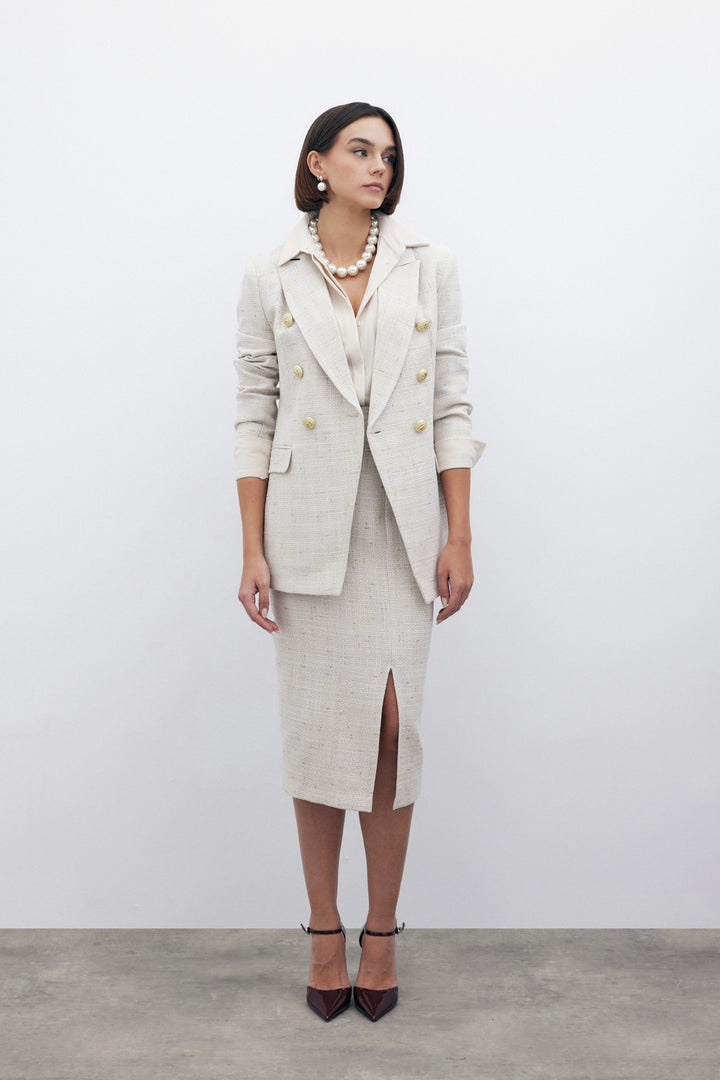 Sateen Jupe midi en tweed pailletée - Beige