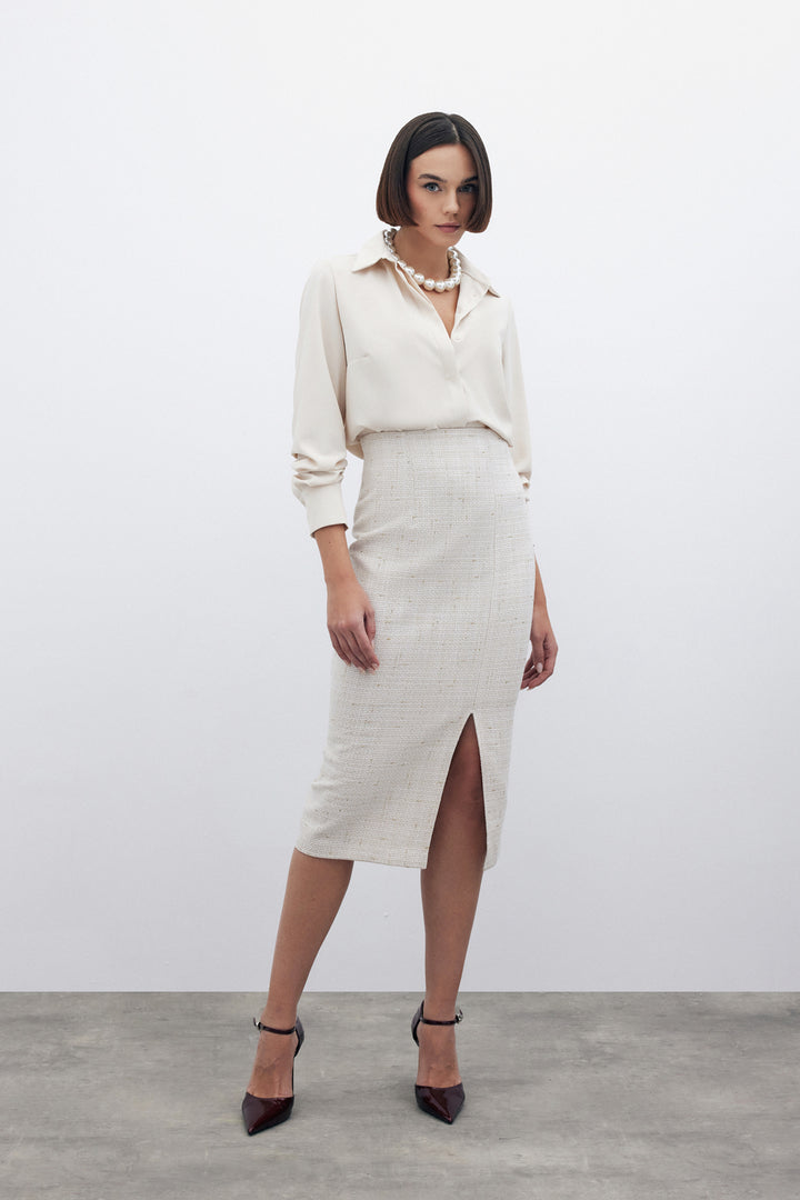 Sateen Jupe midi en tweed pailletée - Beige