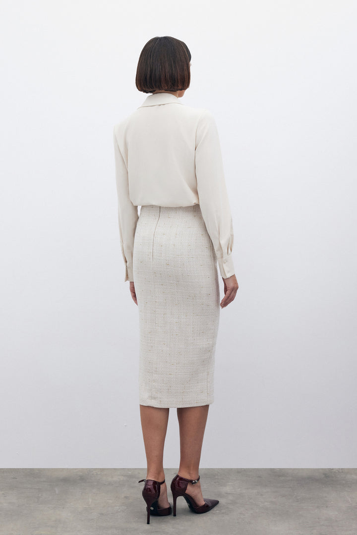 Sateen Jupe midi en tweed pailletée - Beige
