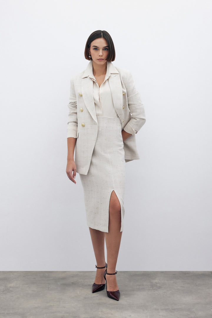 Sateen Jupe midi en tweed pailletée - Beige