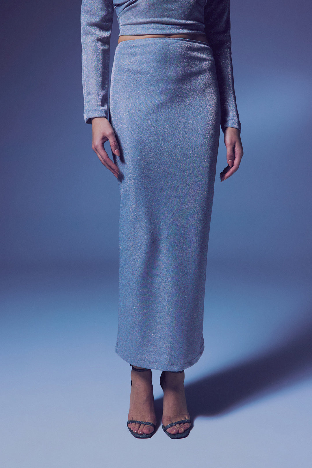 Sateen Jupe Midi Pailletée - Argent