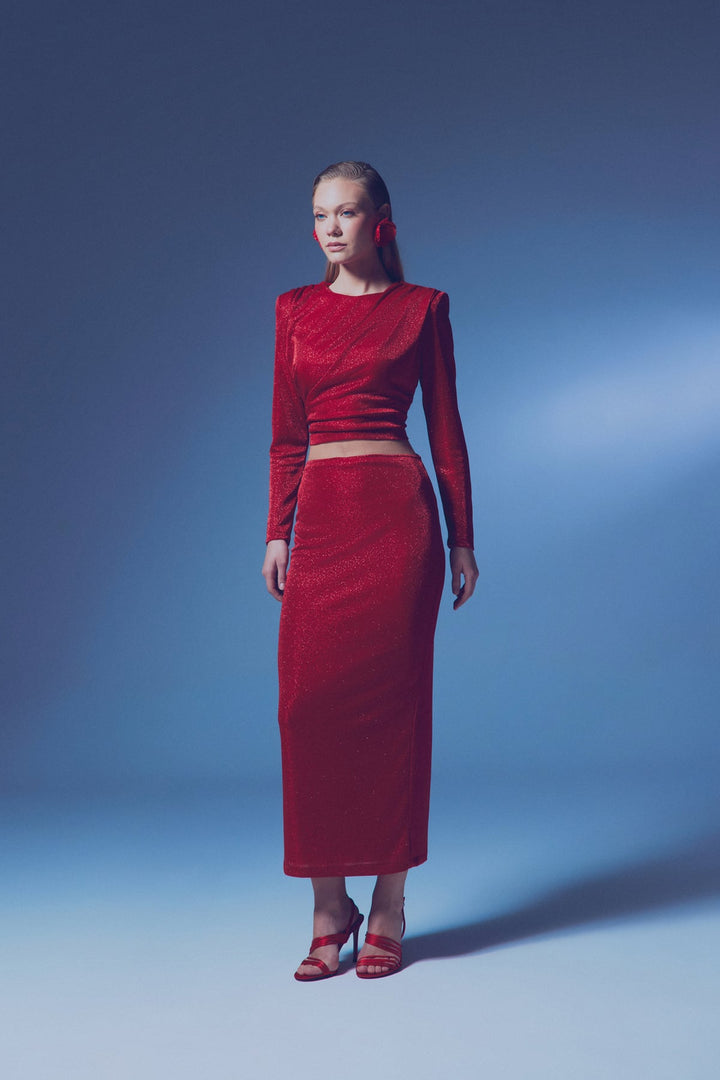 Sateen Jupe Midi Pailletée - Rouge