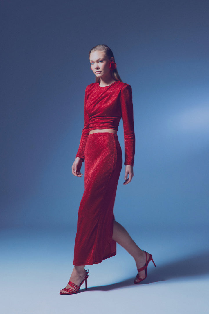 Sateen Jupe Midi Pailletée - Rouge