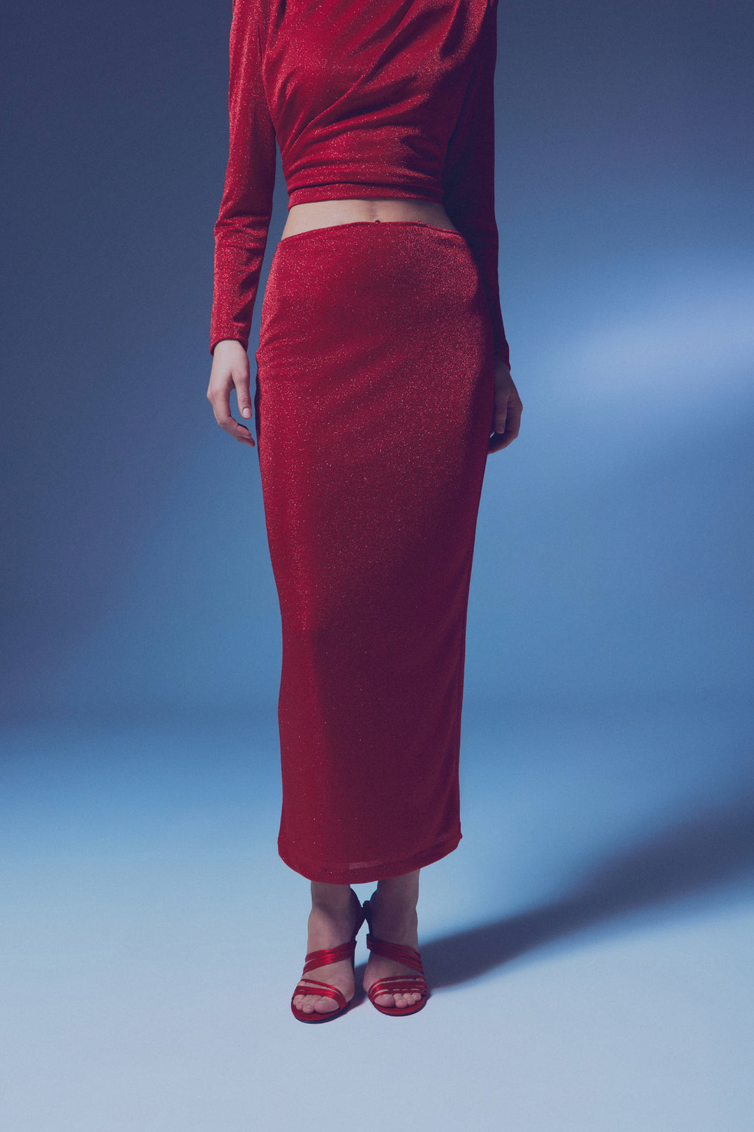 Sateen Jupe Midi Pailletée - Rouge