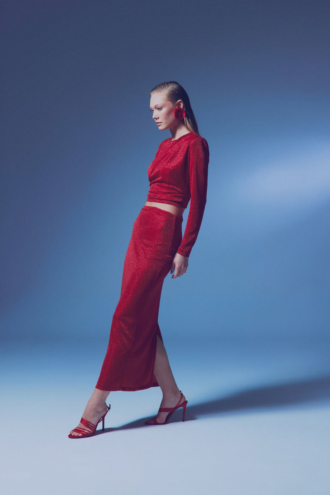 Sateen Jupe Midi Pailletée - Rouge