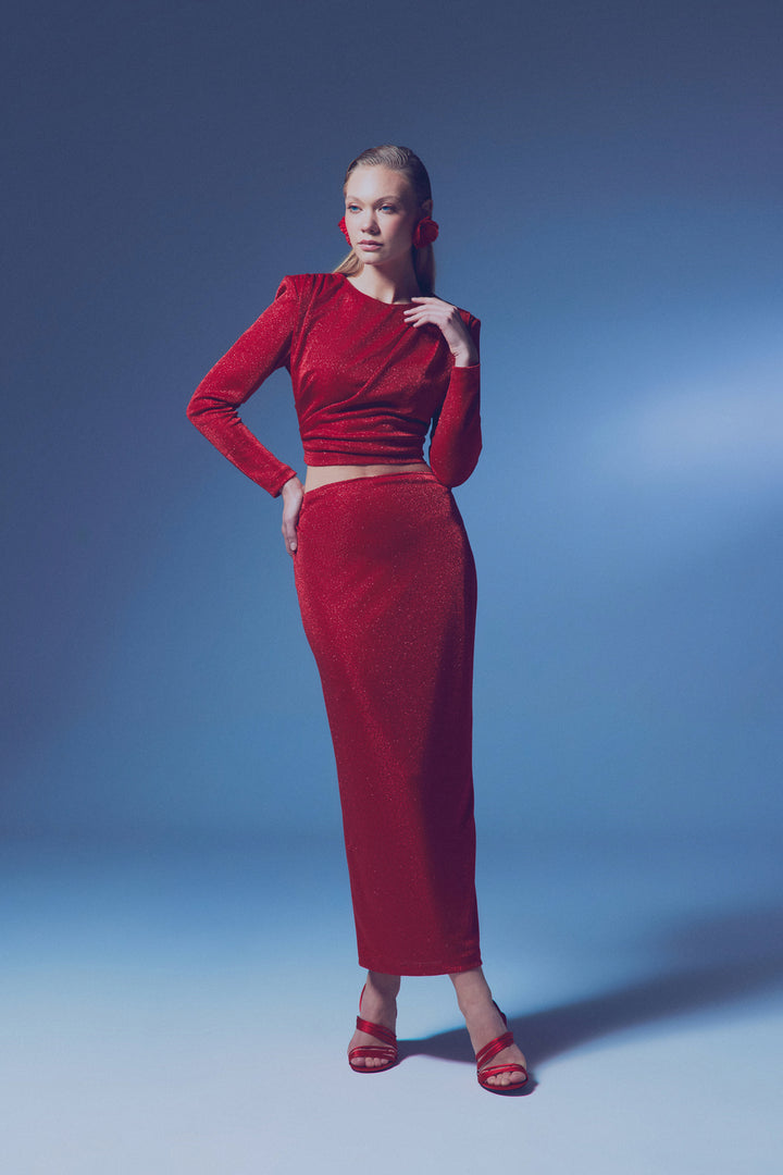 Sateen Jupe Midi Pailletée - Rouge