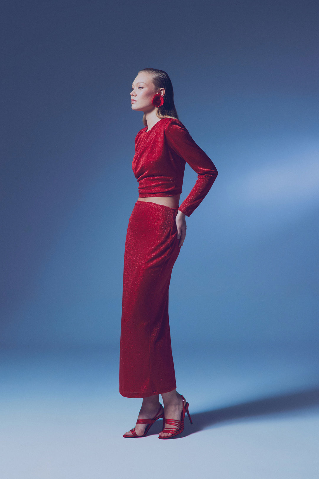 Sateen Jupe Midi Pailletée - Rouge