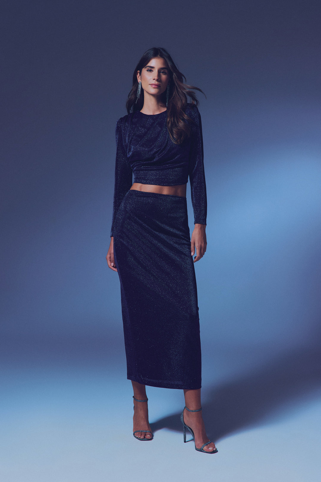 Sateen Jupe Midi Pailletée - Bleu marine