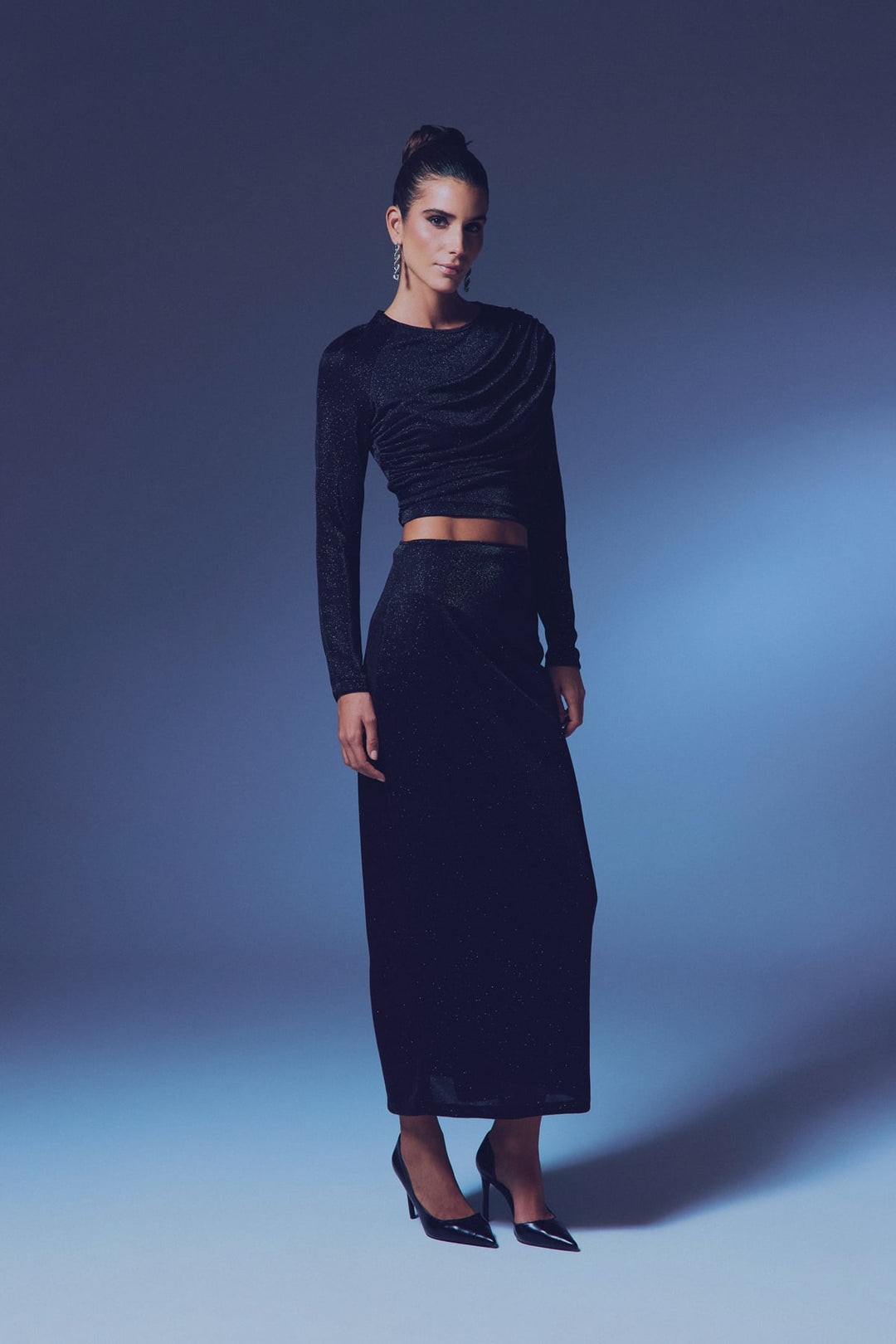 Sateen Jupe Midi Pailletée - Noir