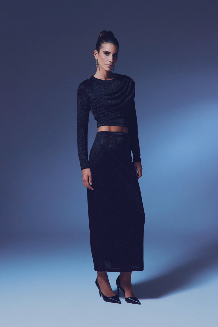 Sateen Jupe Midi Pailletée - Noir