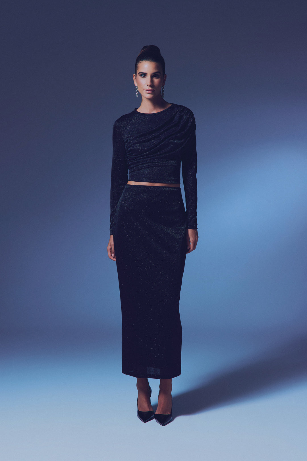 Sateen Jupe Midi Pailletée - Noir