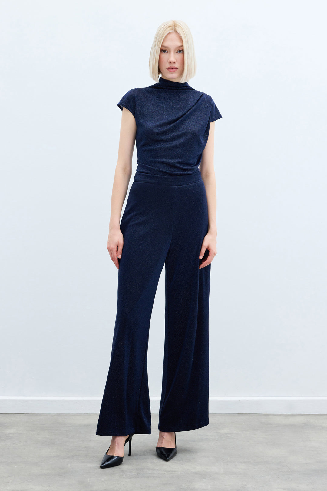 Sateen Pantalon Ample Pailleté - Bleu marine
