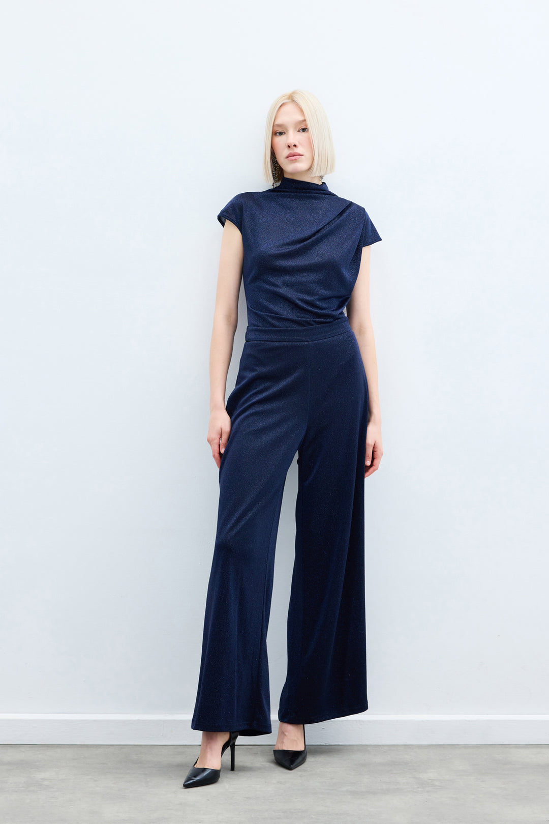 Sateen Pantalon Ample Pailleté - Bleu marine