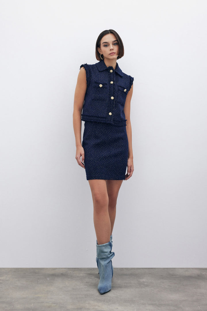 Sateen Gilet en tweed pailleté - Bleu marine