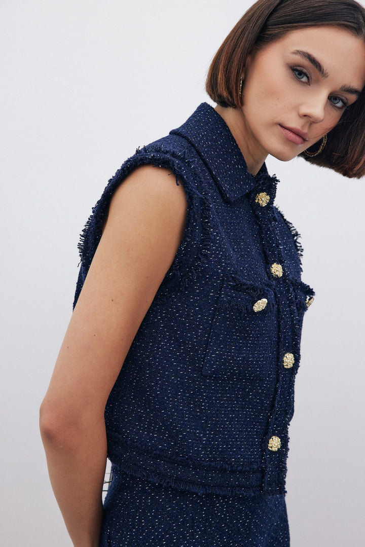 Sateen Gilet en tweed pailleté - Bleu marine