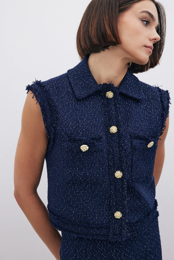 Sateen Gilet en tweed pailleté - Bleu marine