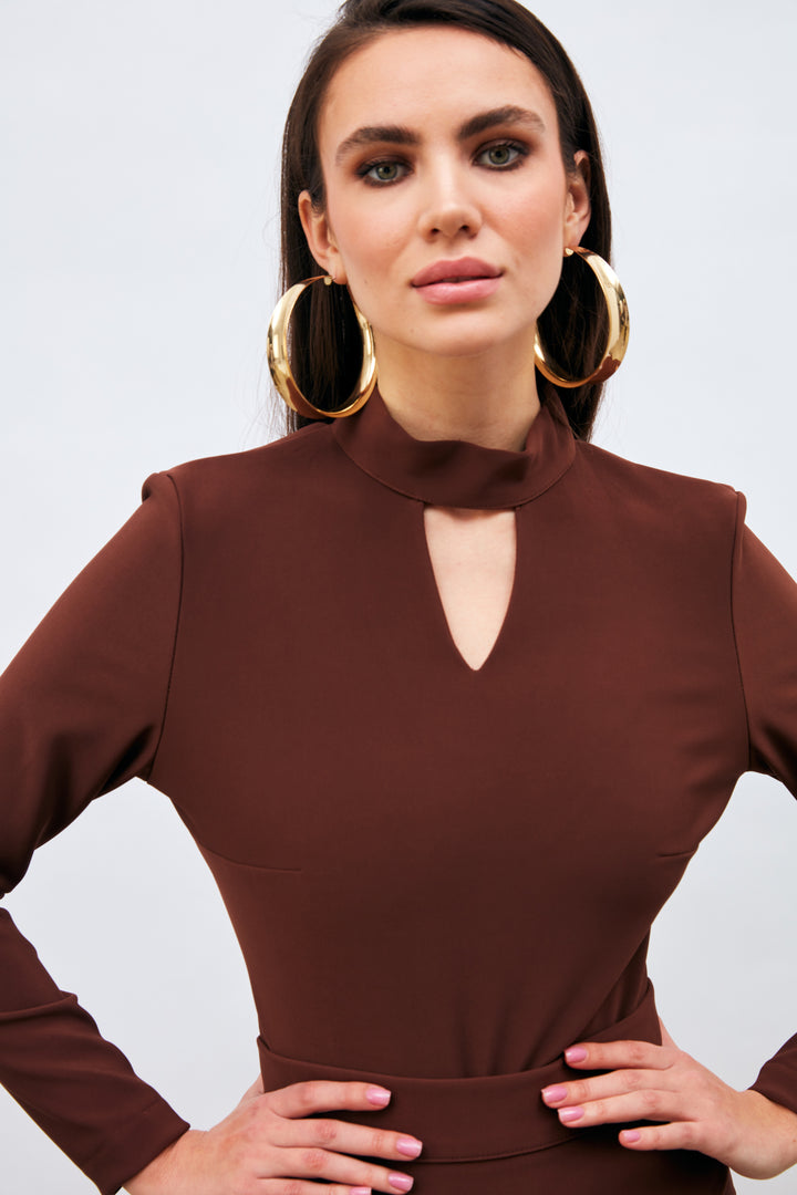 Sateen Blouse Bodysuit avec Détails au Dos - Marron