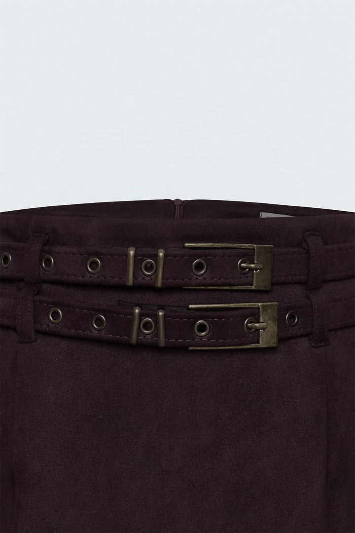 Sateen Jupe Mini en Suède à Double Ceinture - Bordeaux