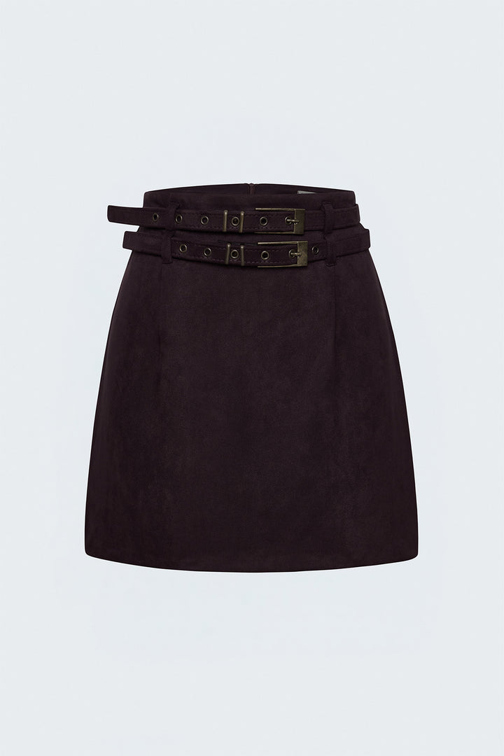 Sateen Jupe Mini en Suède à Double Ceinture - Bordeaux