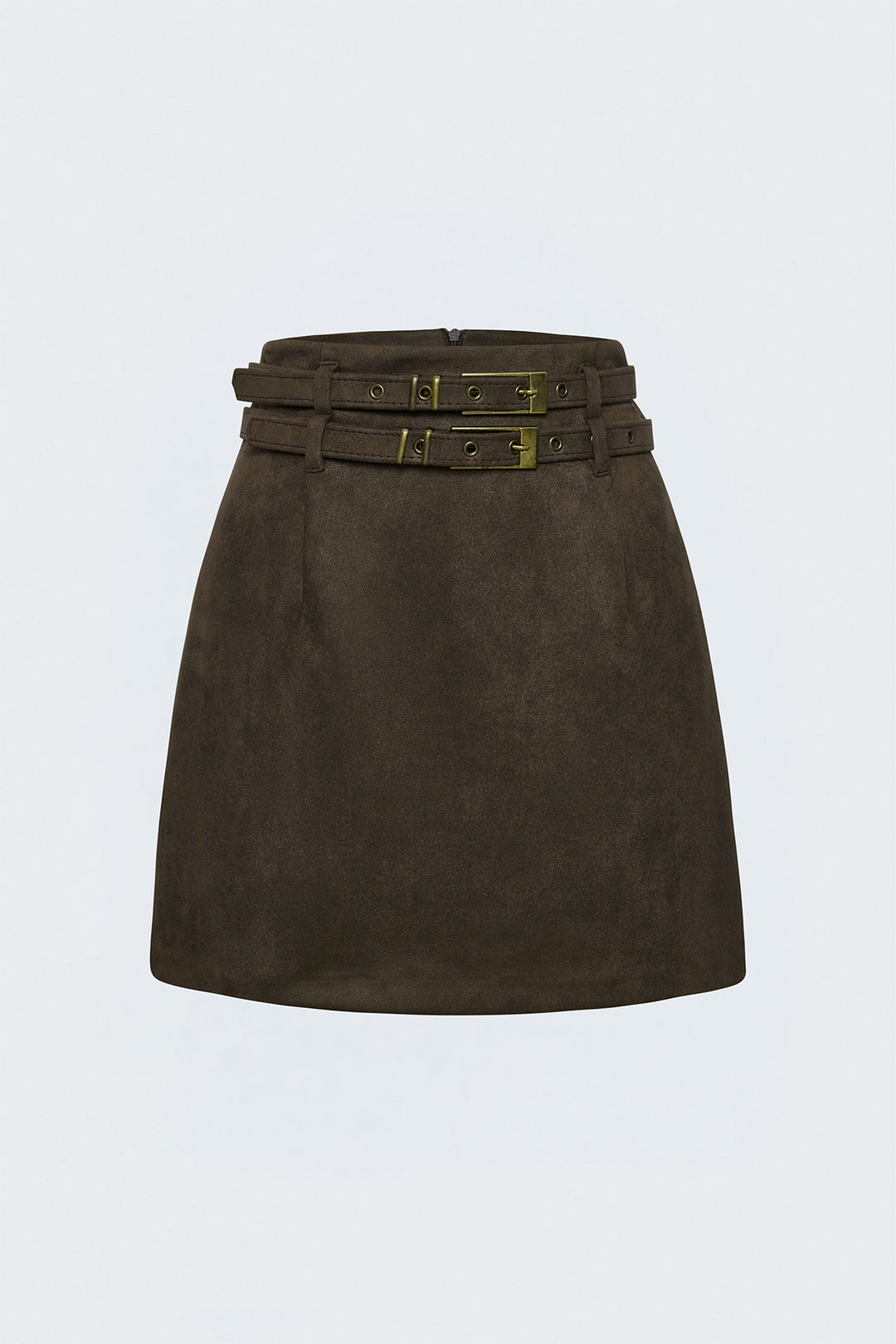 Sateen Jupe Mini en Suède à Double Ceinture - Marron