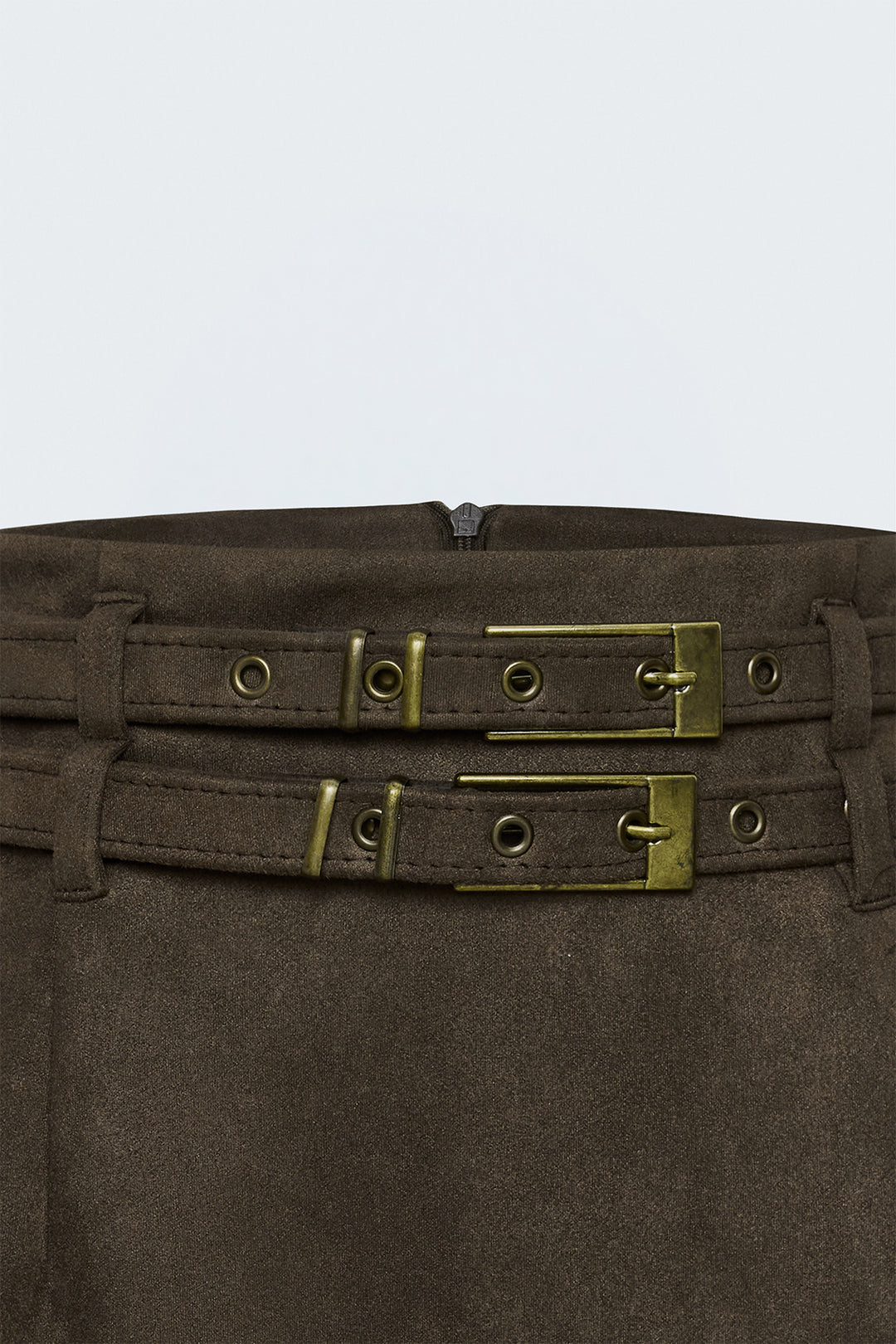 Sateen Jupe Mini en Suède à Double Ceinture - Marron