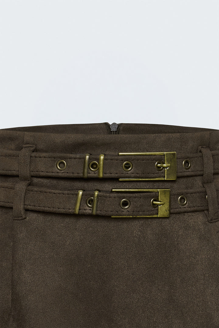 Sateen Jupe Mini en Suède à Double Ceinture - Marron