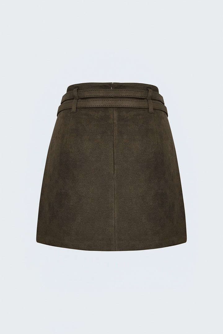 Sateen Jupe Mini en Suède à Double Ceinture - Marron