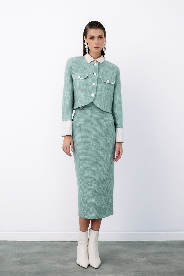 Sateen Jupe crayon en tweed avec boutons décoratifs - Menthe