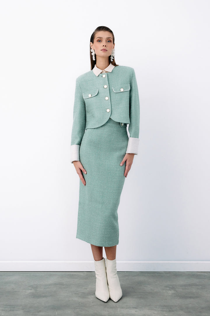 Sateen Jupe crayon en tweed avec boutons décoratifs - Menthe