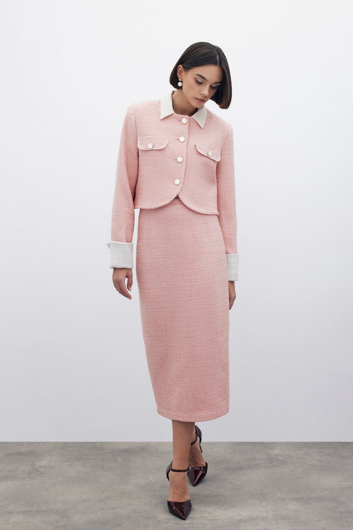 Sateen Jupe crayon en tweed avec boutons décoratifs - Poudre