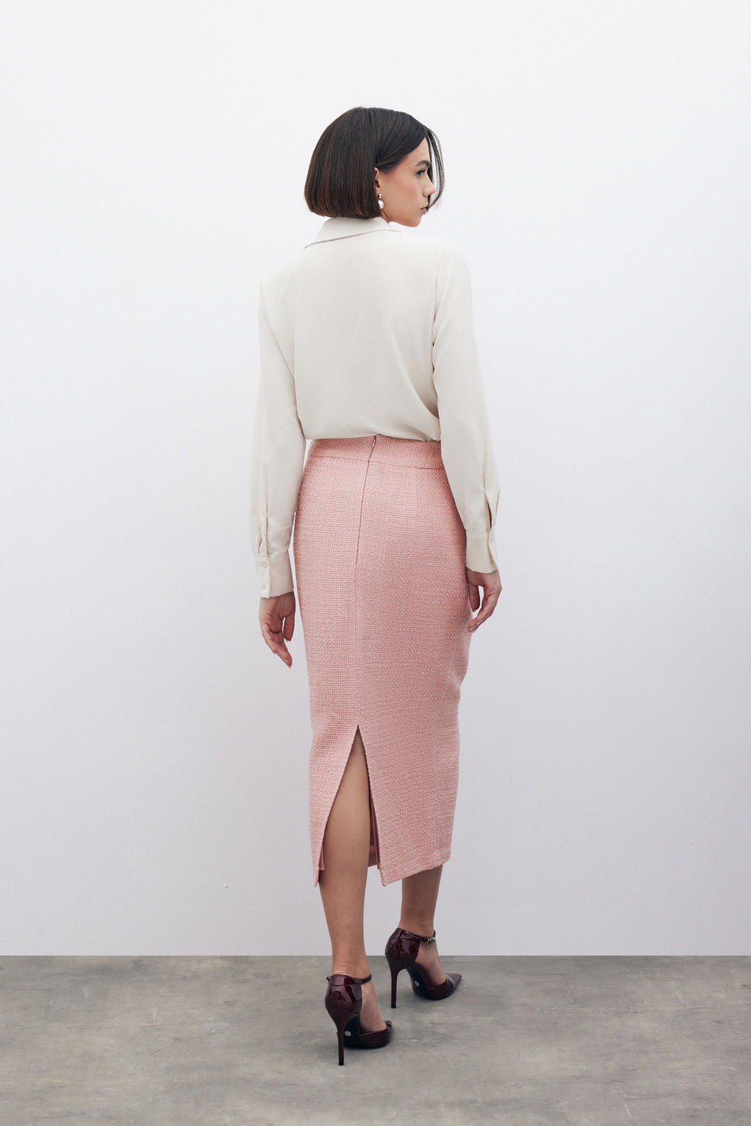 Sateen Jupe crayon en tweed avec boutons décoratifs - Poudre