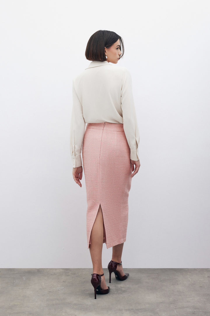 Sateen Jupe crayon en tweed avec boutons décoratifs - Poudre