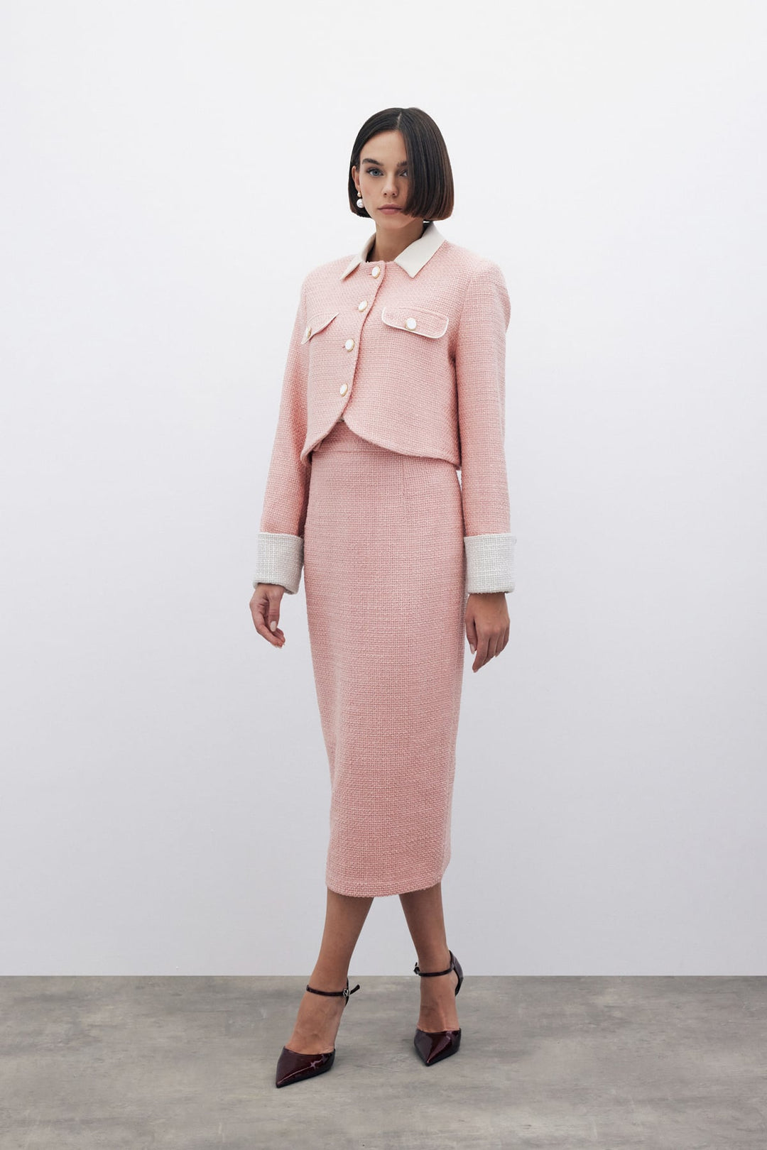 Sateen Jupe crayon en tweed avec boutons décoratifs - Poudre